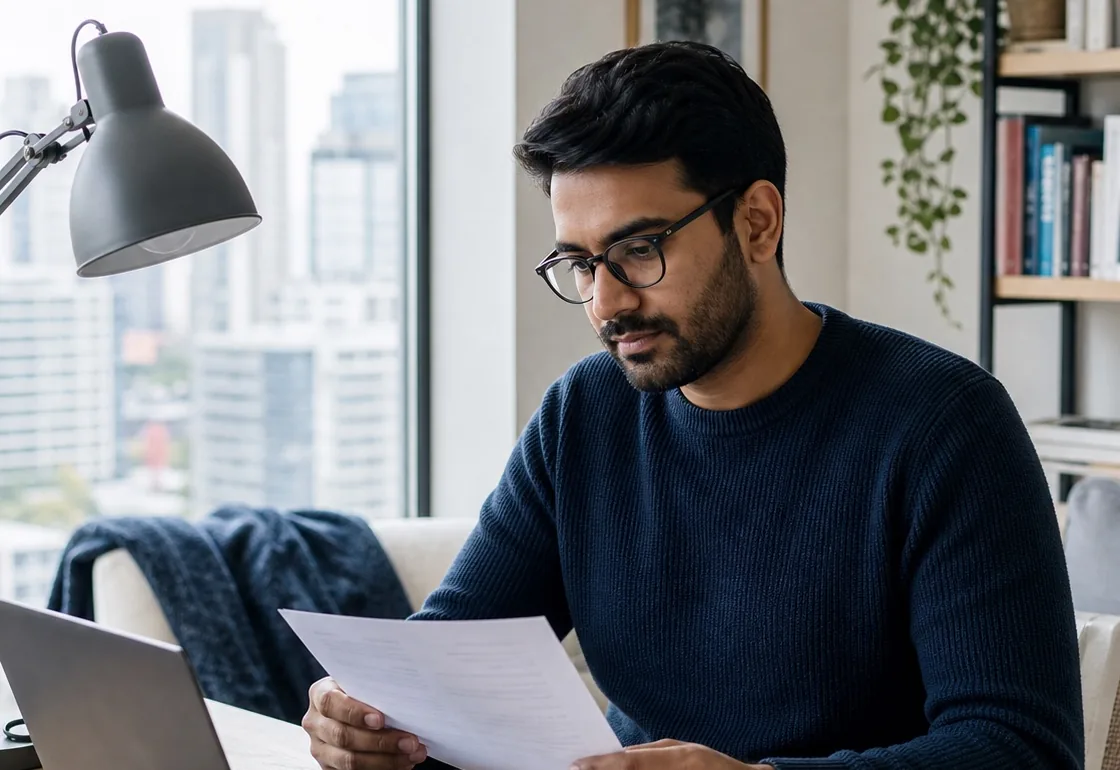 Job seeker reviewing application documents beside a laptop
